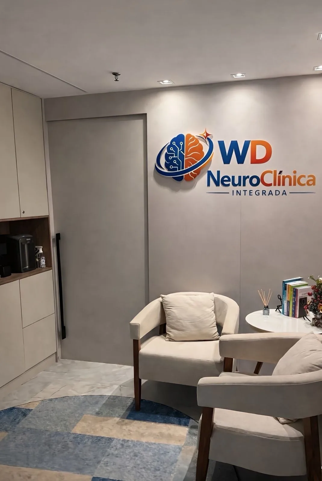 Recepção da WD NeuroClínica Integrada na Asa Norte, Brasília/DF, ambiente acolhedor para avaliação neuropsicológica